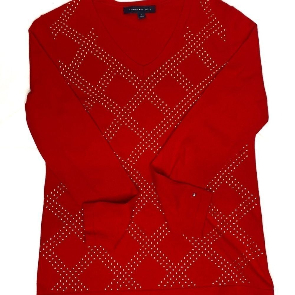 Tommy Hilfiger red and gold studded v-neck sweater size M - Picture 10 of 16